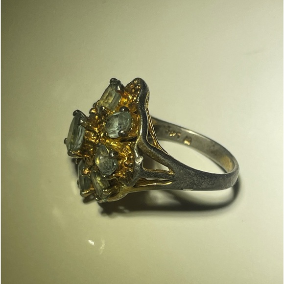 Vintage Aquamarine 925 M Cluster Rare Floral Antique Cluster Ring - Picture 8 of 10